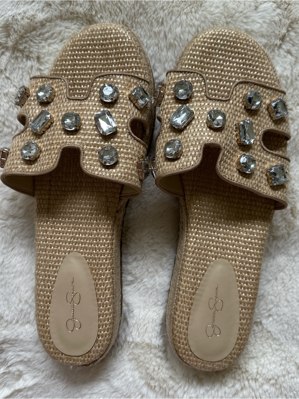 Beige Jeweled Straw Slide Sandals - Women's